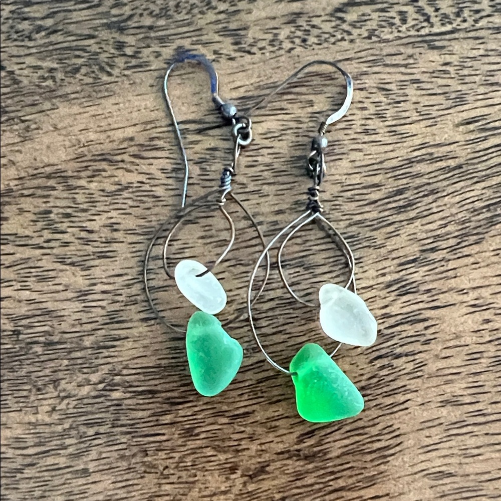 Earthy Green and White Wire Earrings